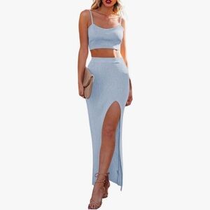 Cutiefox Women's Knit 2 Piece Cami Crop Top High Slit Bodycon Long Skirt Set
